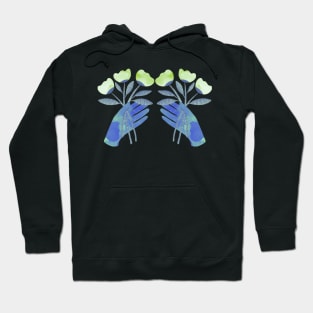 Blue hands with green flowers for yous for you on black background Hoodie